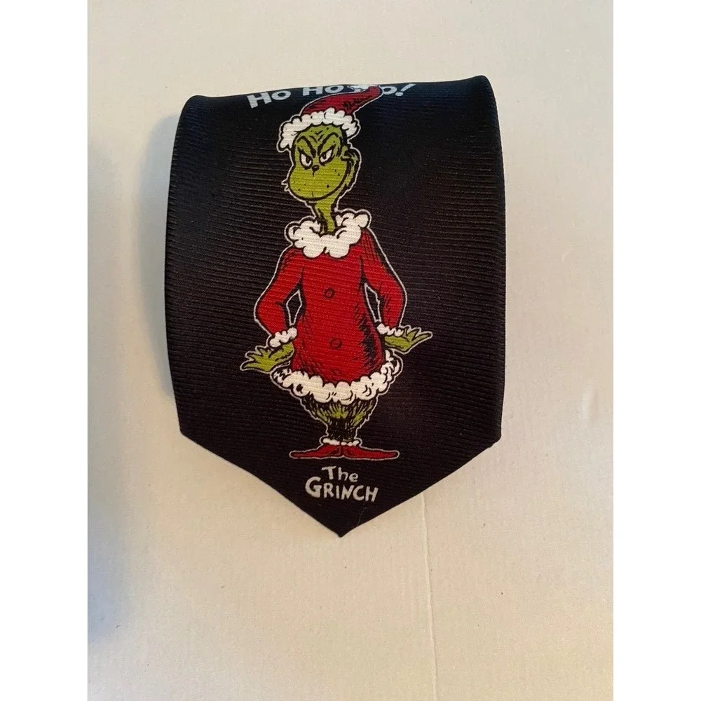 Dr Seuss The Grinch Ho Ho Ho Christmas Necktie Black Holiday Santa Suit Mens Tie
